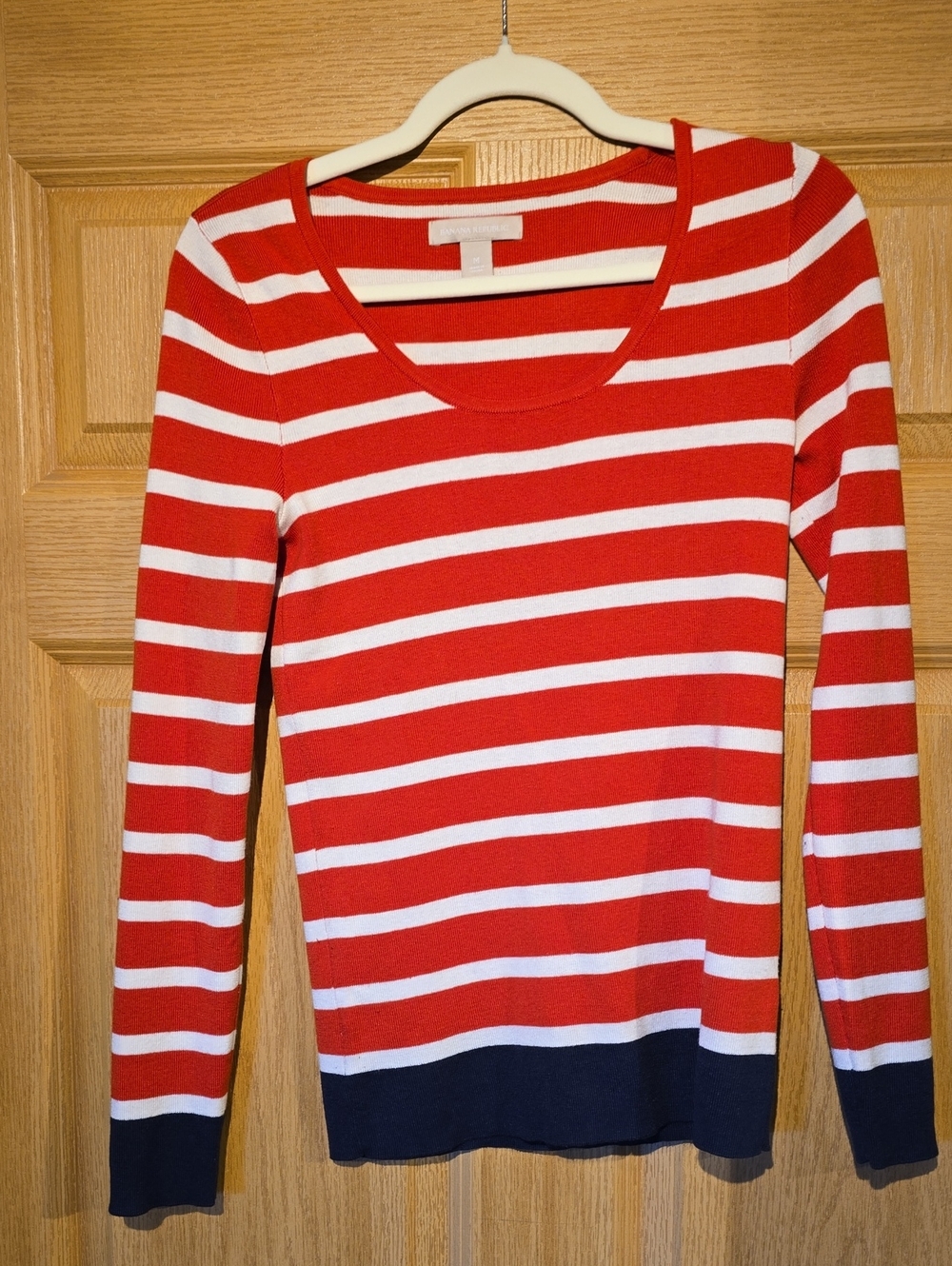 Banana Republic Red & White Striped Long-Sleeve Scoop Neck Top with Navy Hem